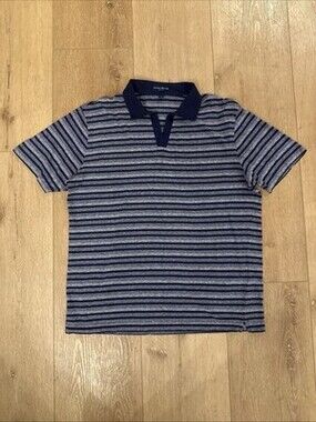 Peter Millar Collection Navy Blue Striped Cotton Linen Polo Shirt Men’s Medium